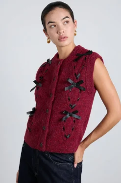 aggie knit vest with bows- burgundy cable