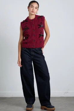 aggie knit vest with bows- burgundy cable