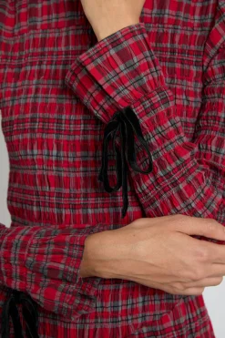 alice shirred midi dress- red check