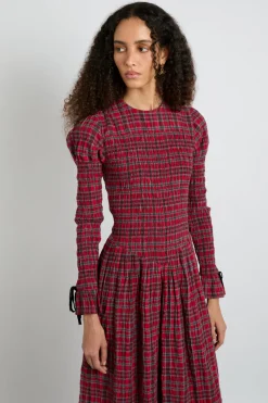 alice shirred midi dress- red check