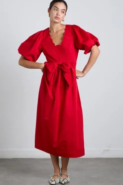 aria bow embroidered midi dress - red