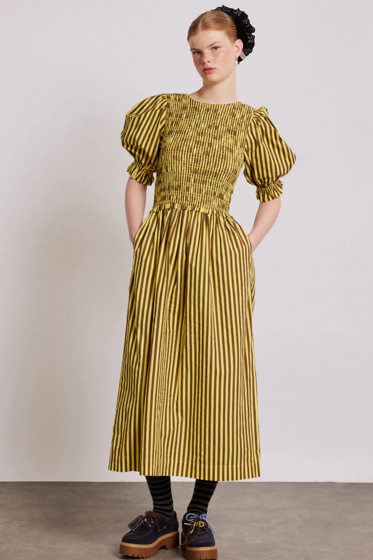 bluebelle midi dress - brown yellow stripe