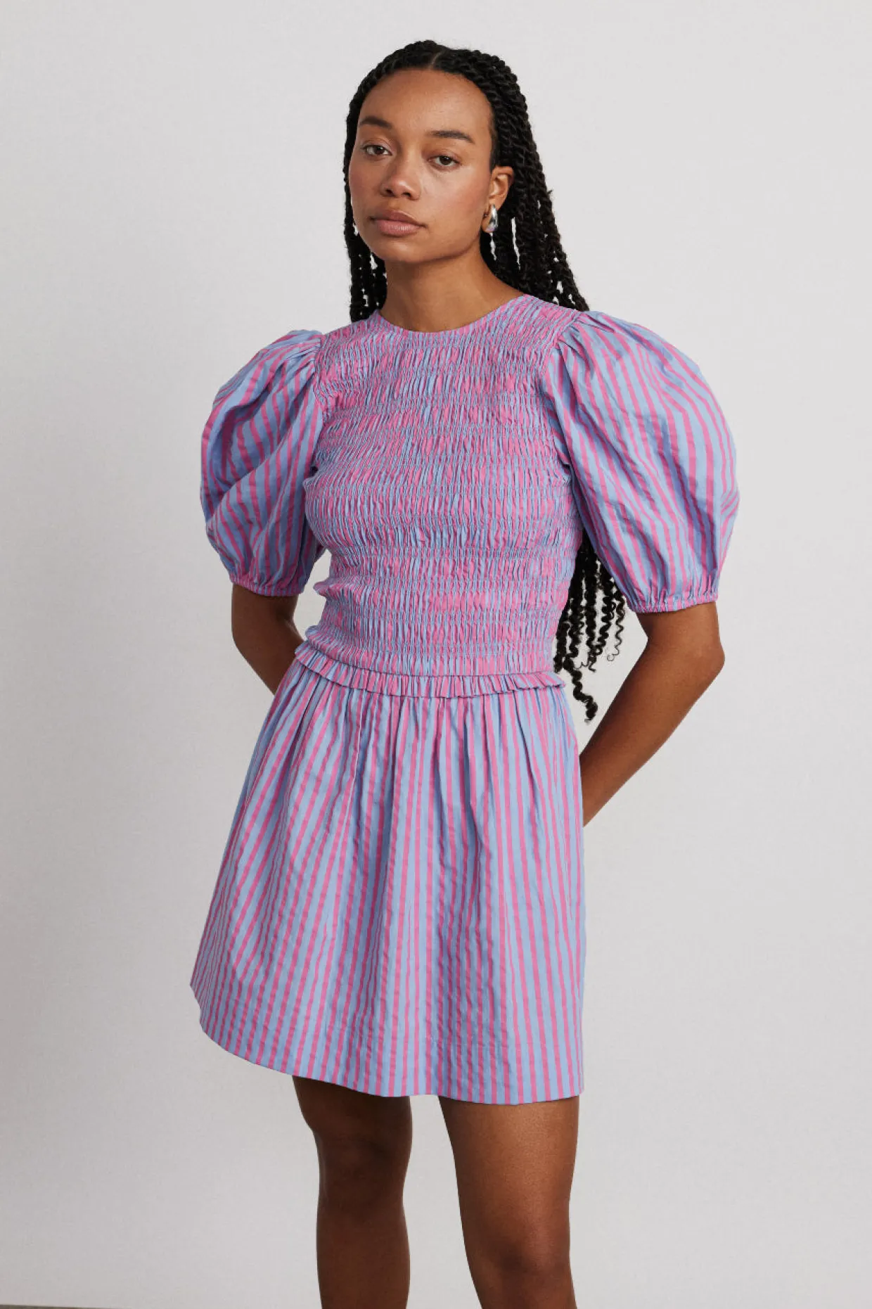 bluebelle shirred mini dress - pink u0026 blue stripe
