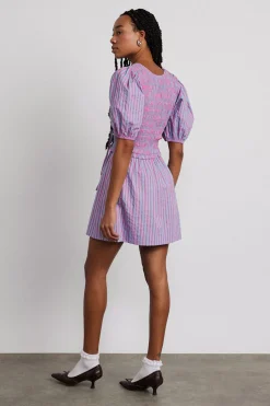 bluebelle shirred mini dress - pink u0026 blue stripe