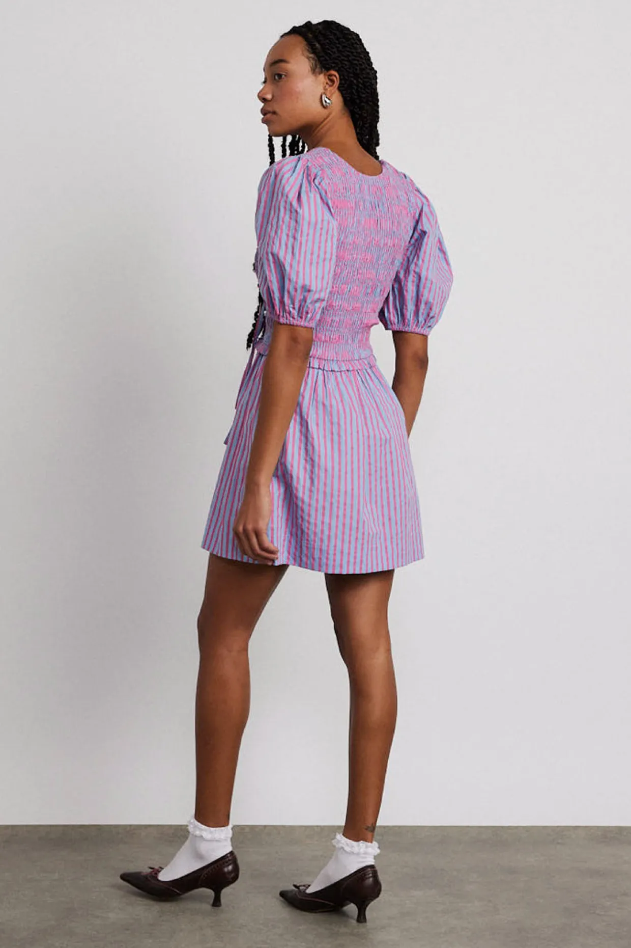 bluebelle shirred mini dress - pink u0026 blue stripe