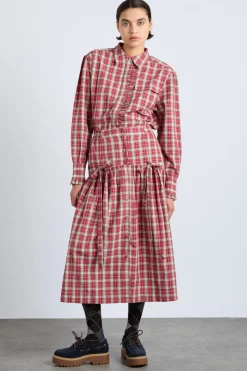 bronte button through midi skirt - red check