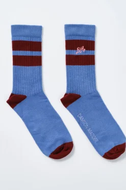 calf length socks - blue u0026 burgundy stripe
