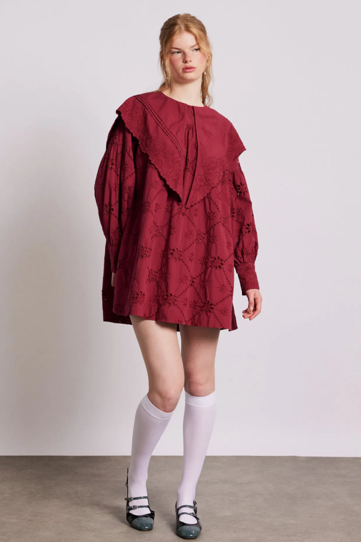 clementine embroidered collared mini dress - burgundy
