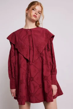 clementine embroidered collared mini dress - burgundy