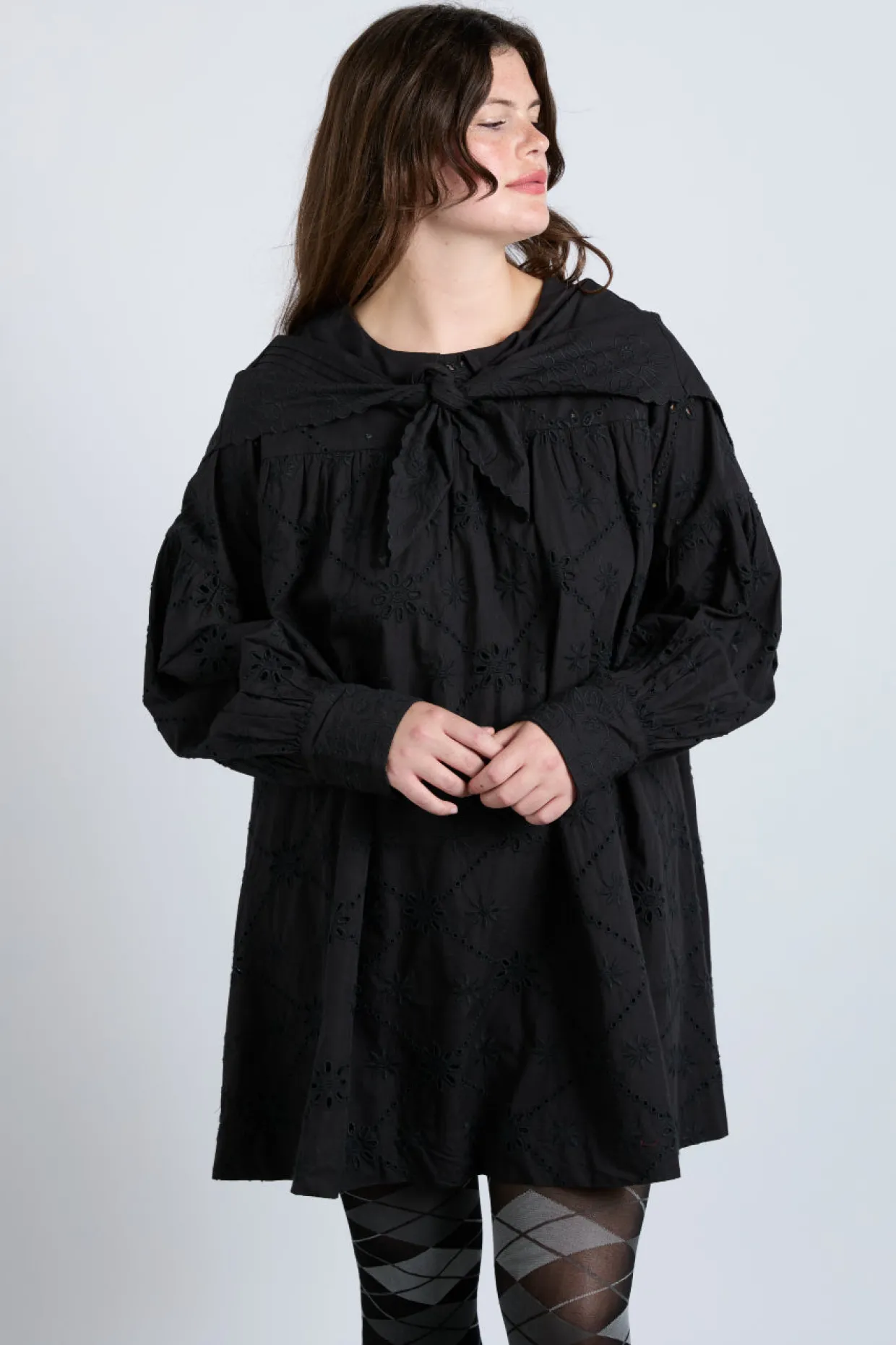 clementine embroidered collared mini dress - black