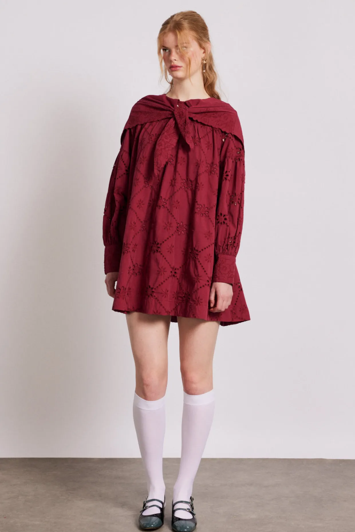 clementine embroidered collared mini dress - burgundy