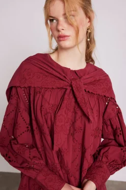 clementine embroidered collared mini dress - burgundy
