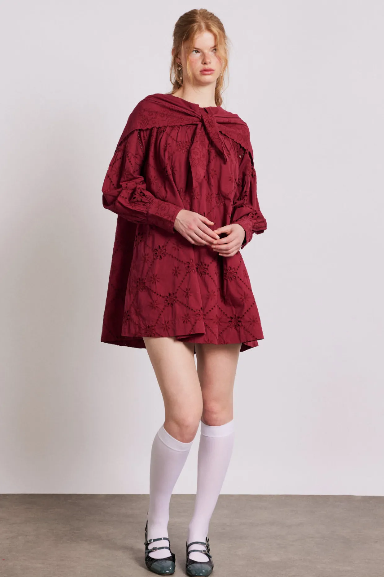 clementine embroidered collared mini dress - burgundy