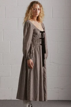 dakota bow midi dress - chocolate check