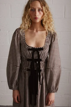 dakota bow midi dress - chocolate check