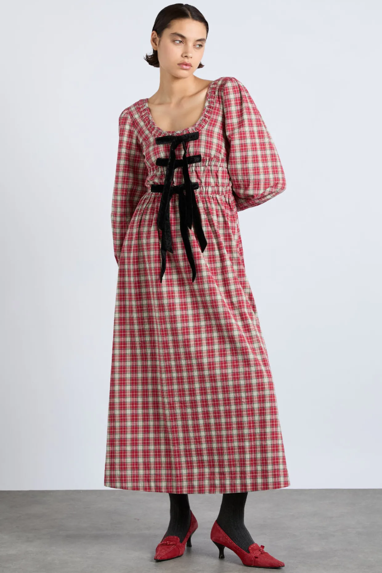 dakota bow midi dress - tartan