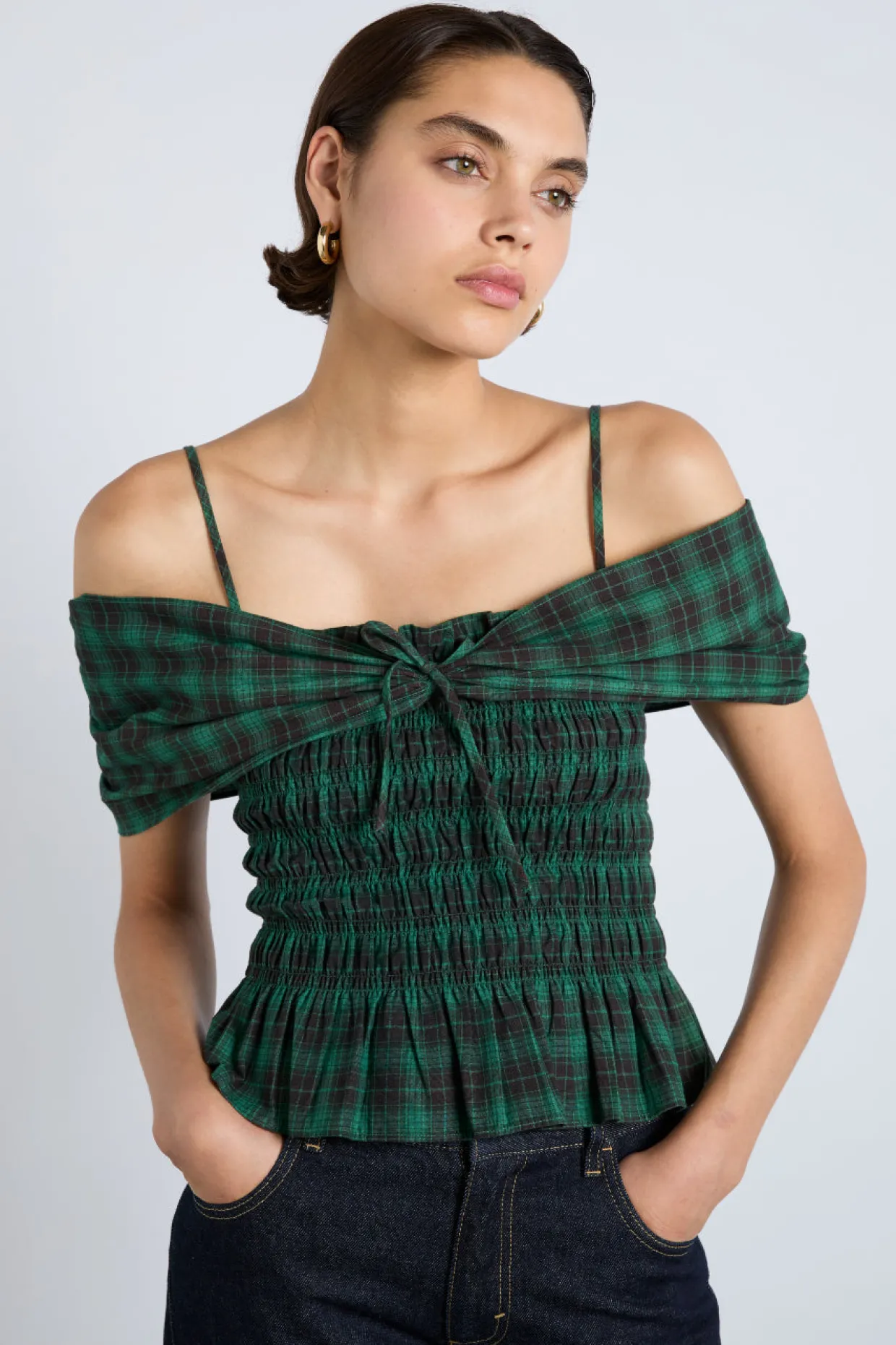 elsa shirred bardot cami - green check