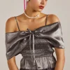 elsa shirred bardot cami - grey glass satin