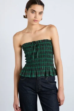 elsa shirred bardot cami - green check