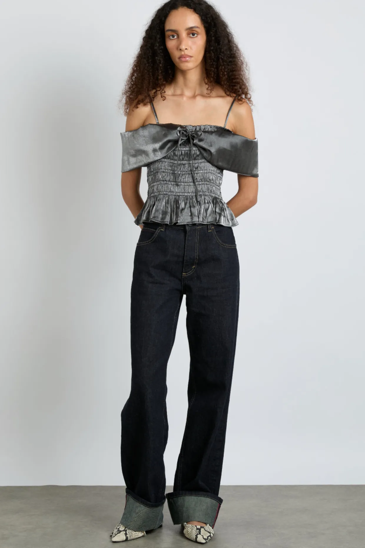 elsa shirred bardot cami - grey glass satin