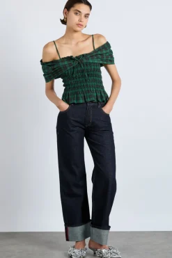 elsa shirred bardot cami - green check