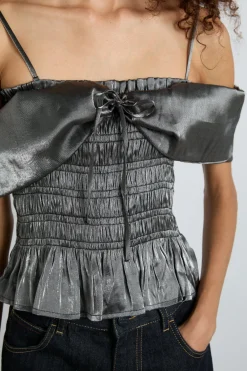 elsa shirred bardot cami - grey glass satin