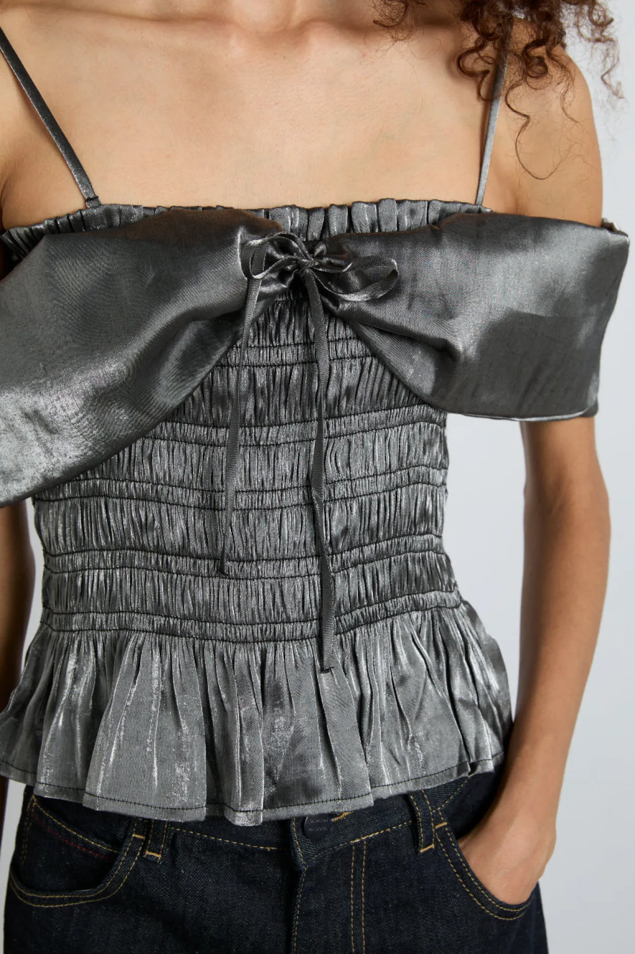 elsa shirred bardot cami - grey glass satin