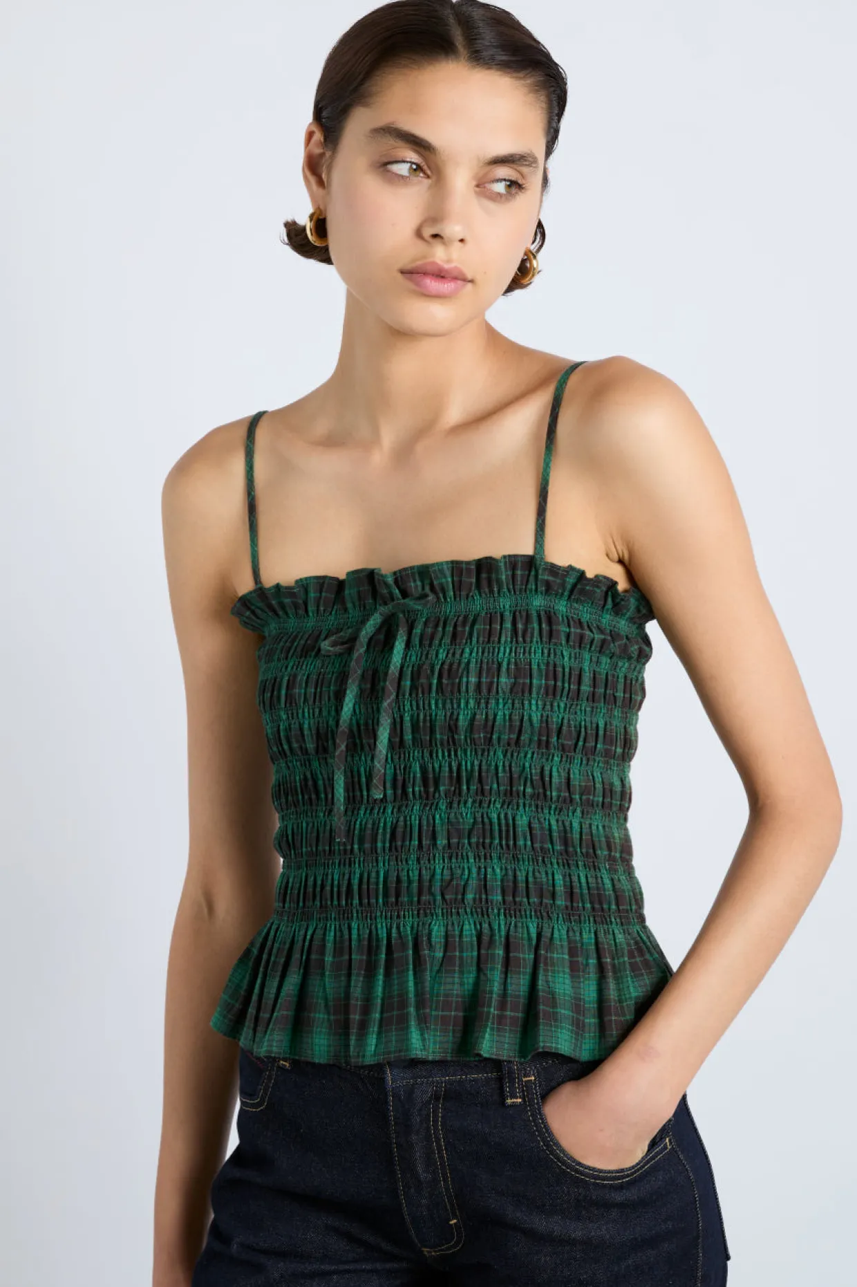 elsa shirred bardot cami - green check