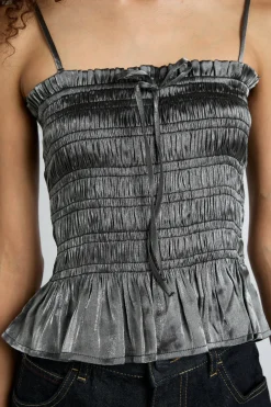 elsa shirred bardot cami - grey glass satin