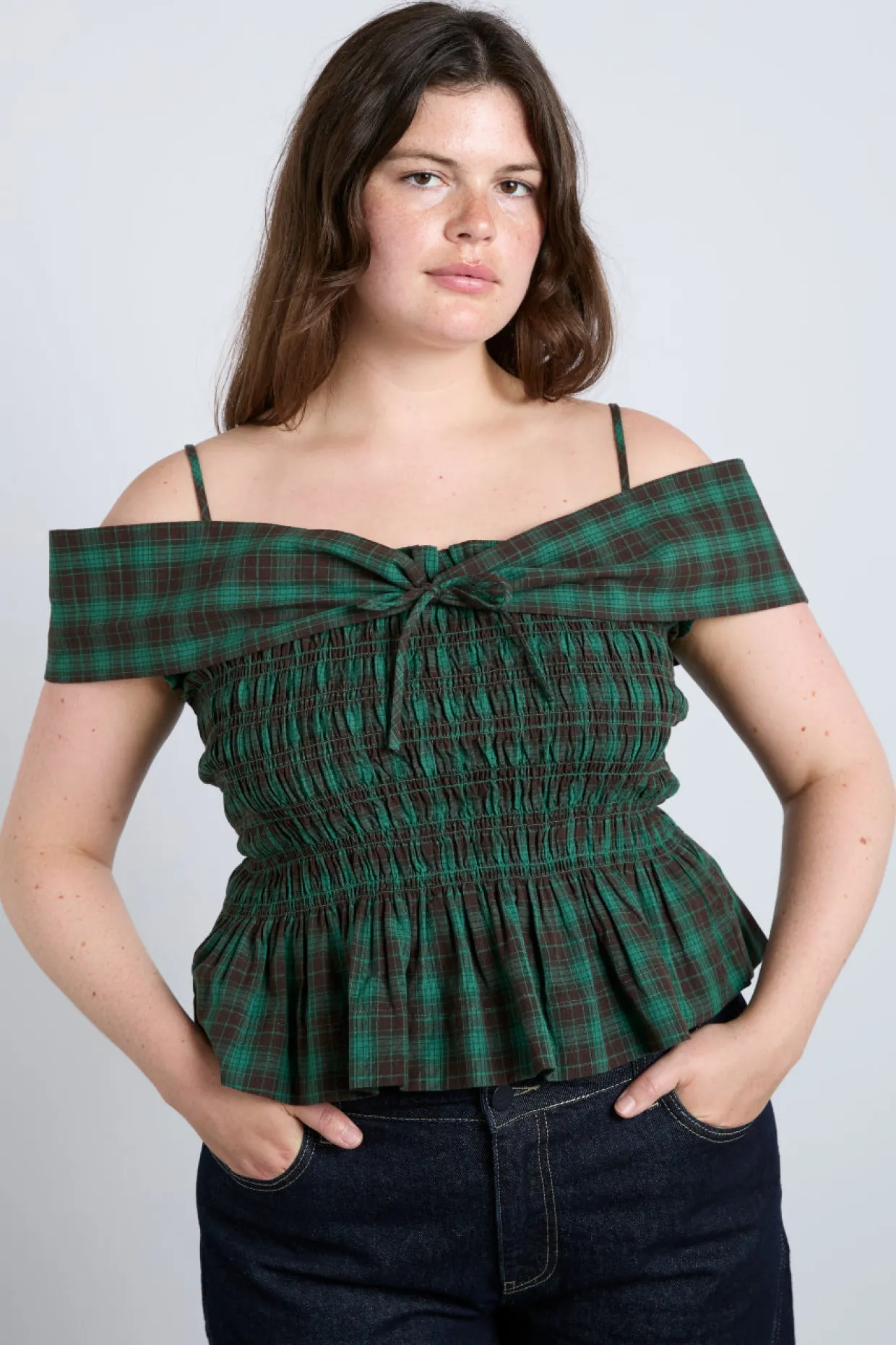 elsa shirred bardot cami - green check