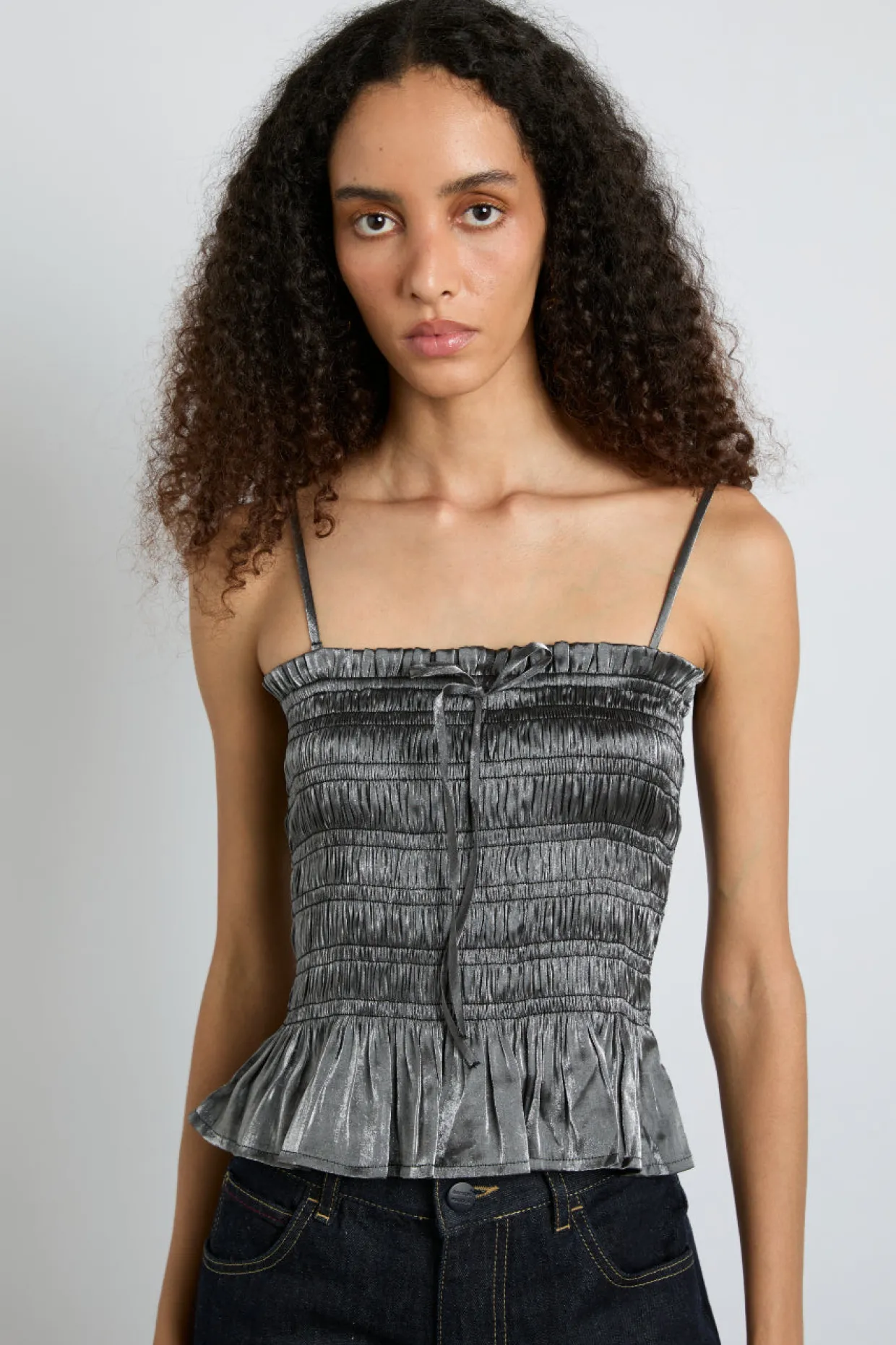 elsa shirred bardot cami - grey glass satin