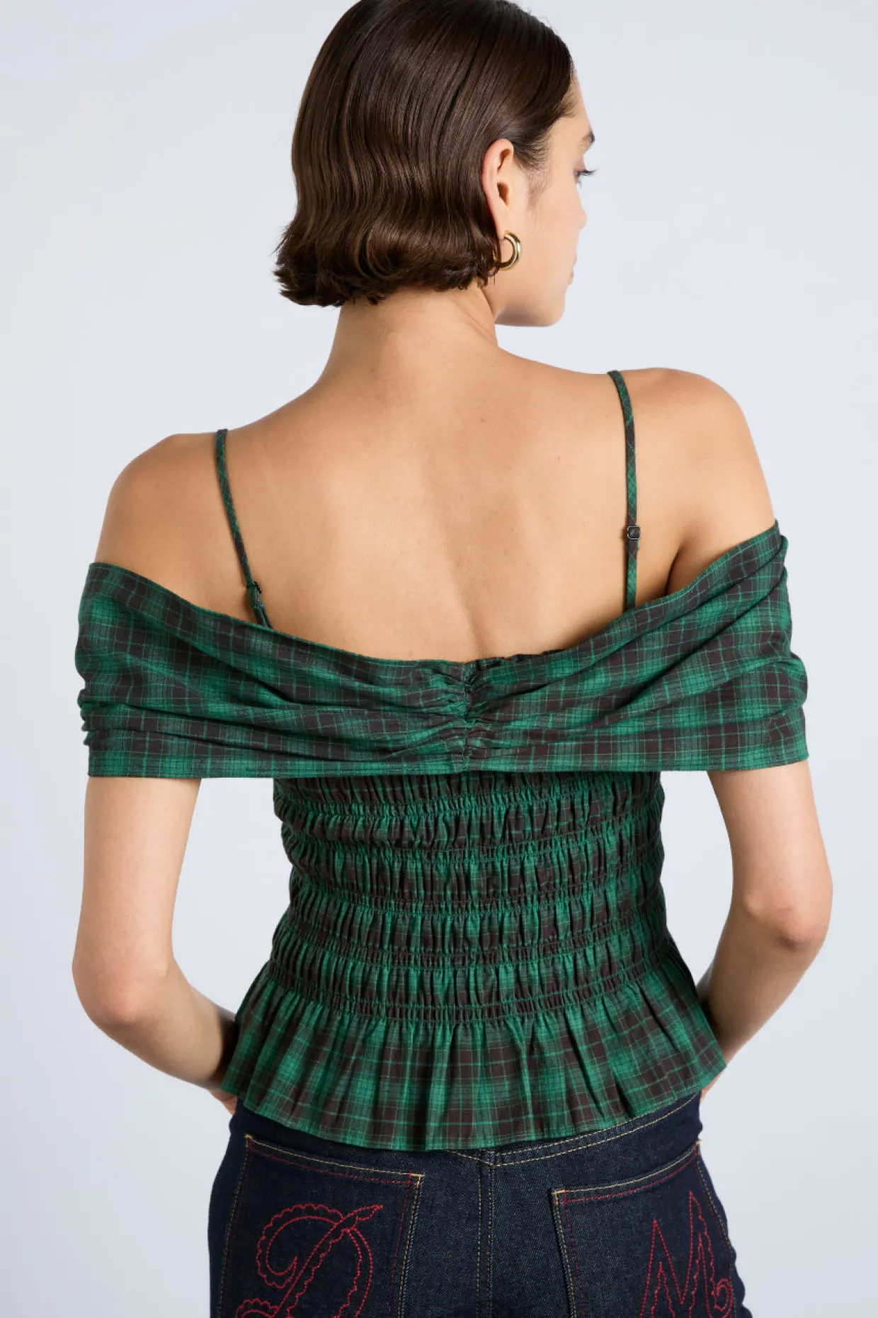 elsa shirred bardot cami - green check