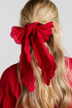 embroidered bow scruchie in red