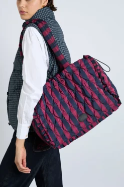frill edge ruched tote bag - navy u0026 burgundy stripe