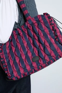 frill edge ruched tote bag - navy u0026 burgundy stripe