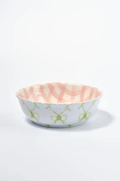 hand painted bow frill edge large serving bowl - pink gingham