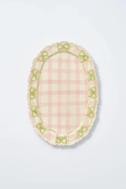 hand painted bow frill edge platter - pink gingham