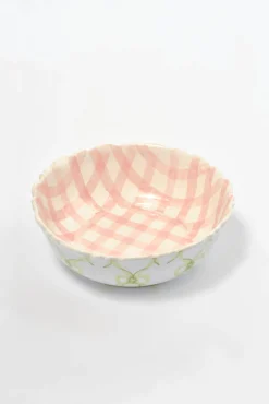 hand painted bow frill edge large serving bowl - pink gingham
