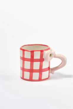 hand painted bow handle mug - red gingham