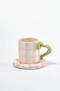 hand painted bow handle mug - pink gingham