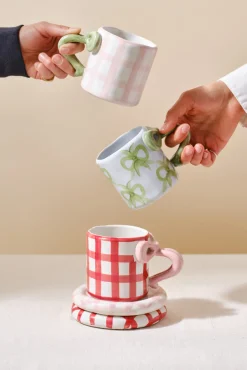 hand painted bow handle mug - pink gingham