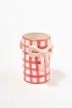 hand painted bow handle vase - red gingham