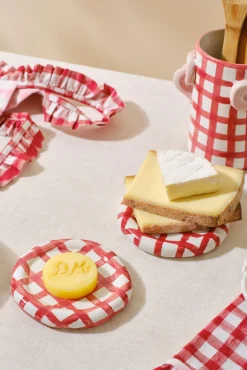 hand painted saucer - red gingham