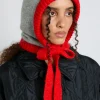 hood in grey marl with red tie in premium yarn