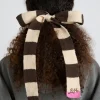 knitted hair bow in stripe - ecru u0026 choc