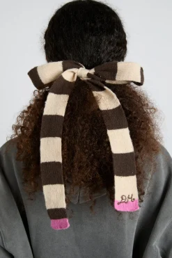 knitted hair bow in stripe - ecru u0026 choc