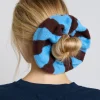 knitted scrunchie in choc u0026 blue stripe