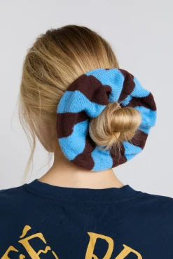 knitted scrunchie in choc u0026 blue stripe