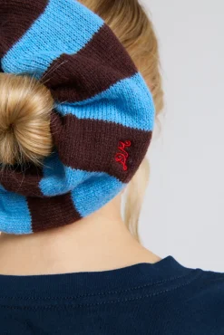 knitted scrunchie in choc u0026 blue stripe