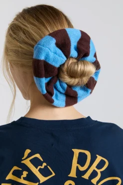 knitted scrunchie in choc u0026 blue stripe